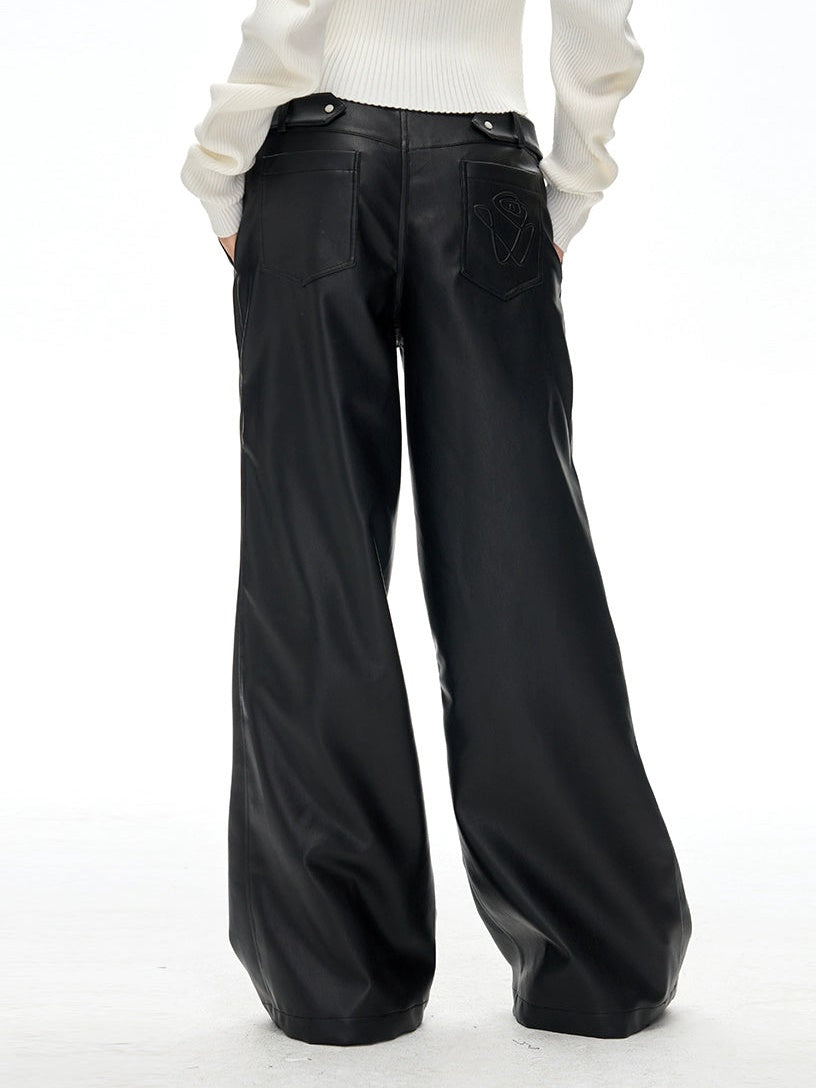 Pu Leather Loose Wide-Leg Casual Pants