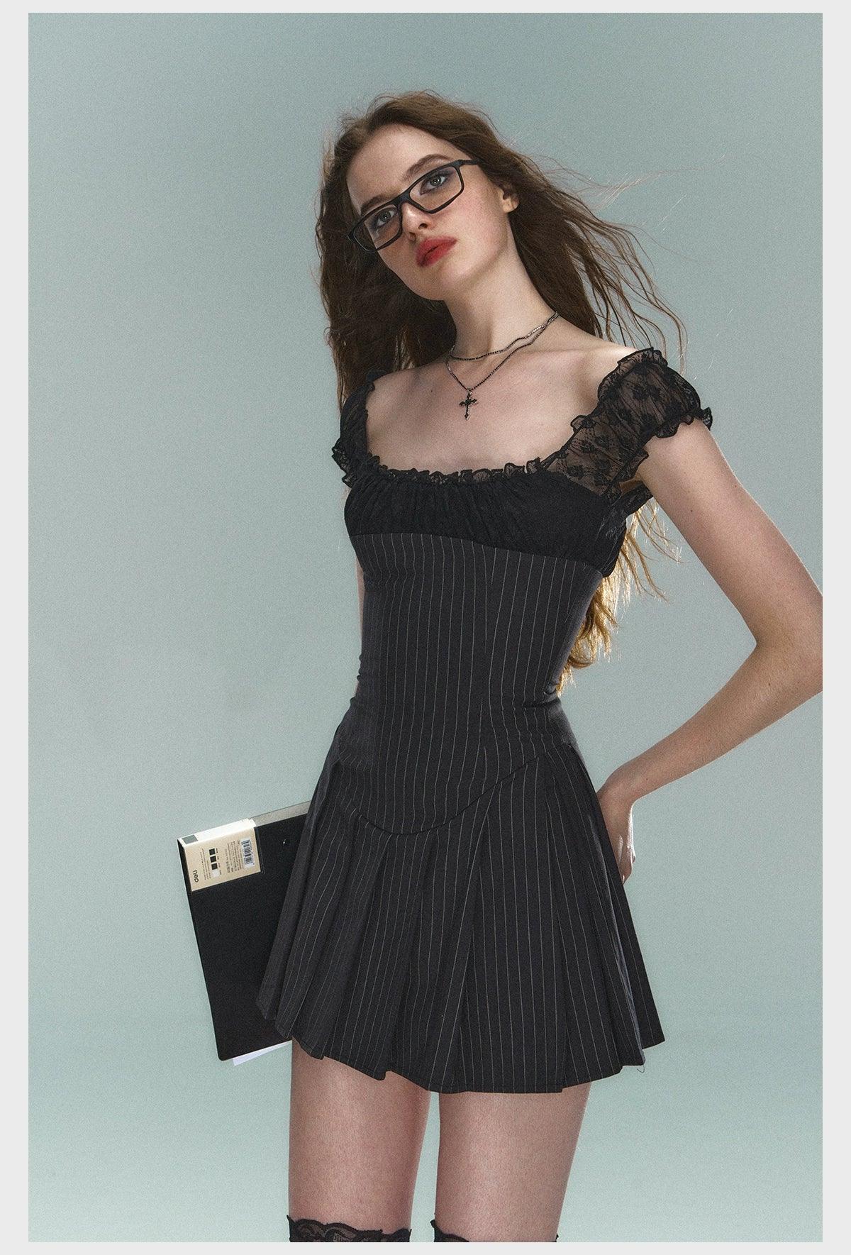 Pinstripe Lace-Trim Mini Dress - Women'S Cap Sleeve Square Neck Fit And Flare Cocktail Dress