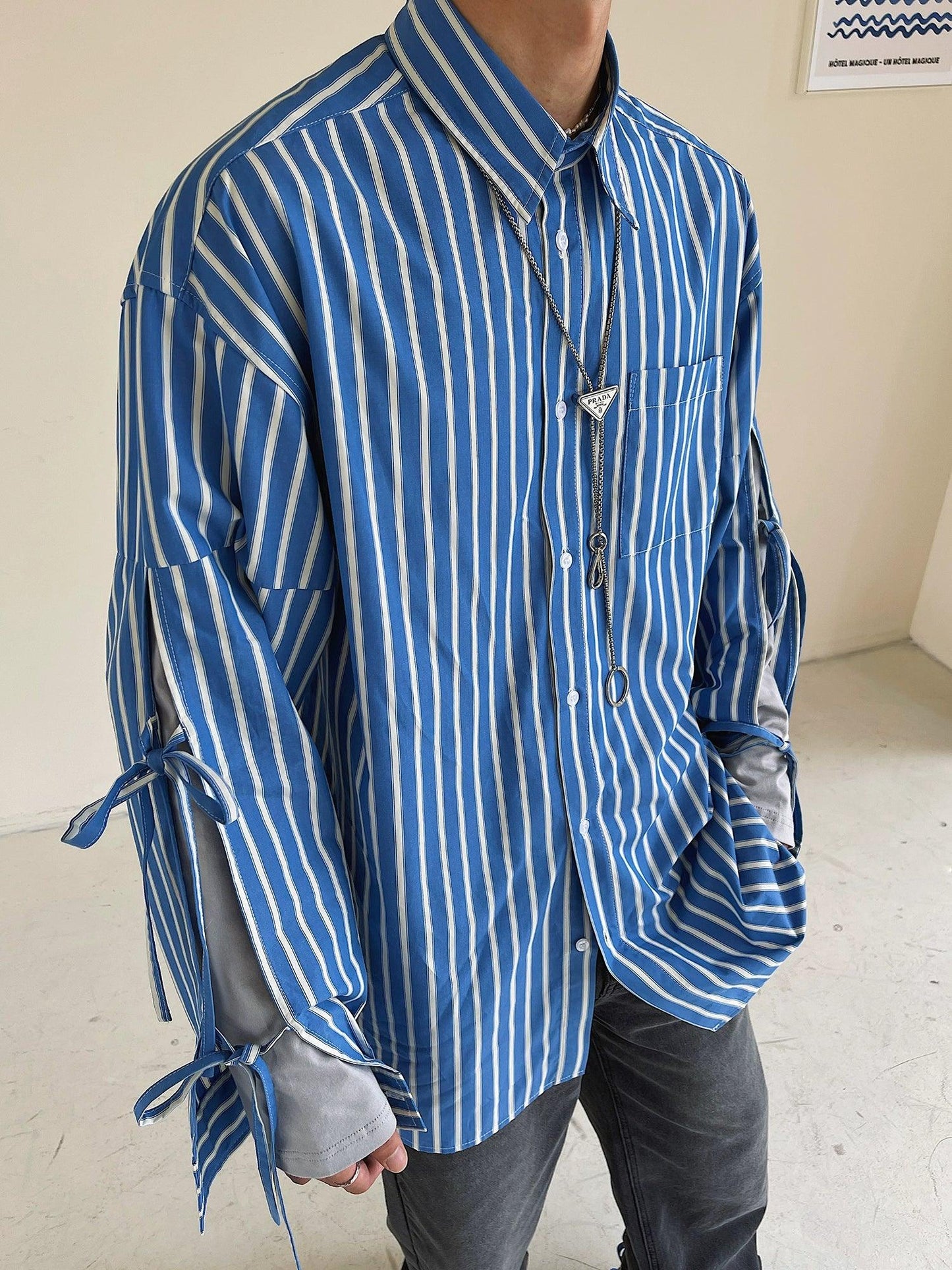 Weave Studio Blue Striped Oversized Button-Down Shirt - Long Sleeve Layered Cuff Loose Fit Shirt