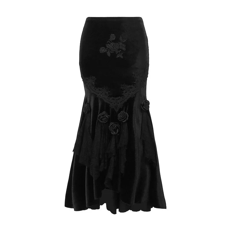 Wannathis Gothic Velvet Ensemble - Off-Shoulder Lace Bodysuit With Floral Mermaid Maxi Skirt