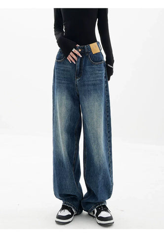 Blue Retro Loose Straight-Leg High-Waist Floor-Length Jeans