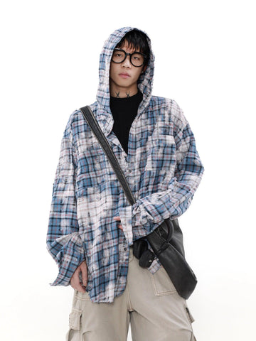 Mrnearly Distressed Plaid Hooded Overshirt - Unisex Grunge-Inspired Outerwear