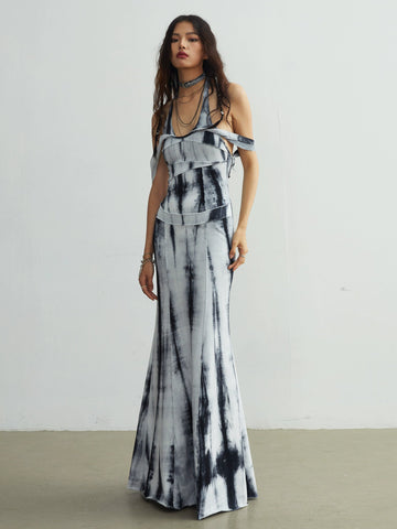 Elegant Tie-Dye Maxi Dress With Slim Straps