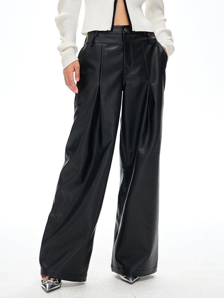 Pu Leather Loose Wide-Leg Casual Pants