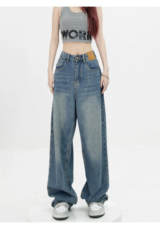 Blue Retro Loose Straight-Leg High-Waist Floor-Length Jeans