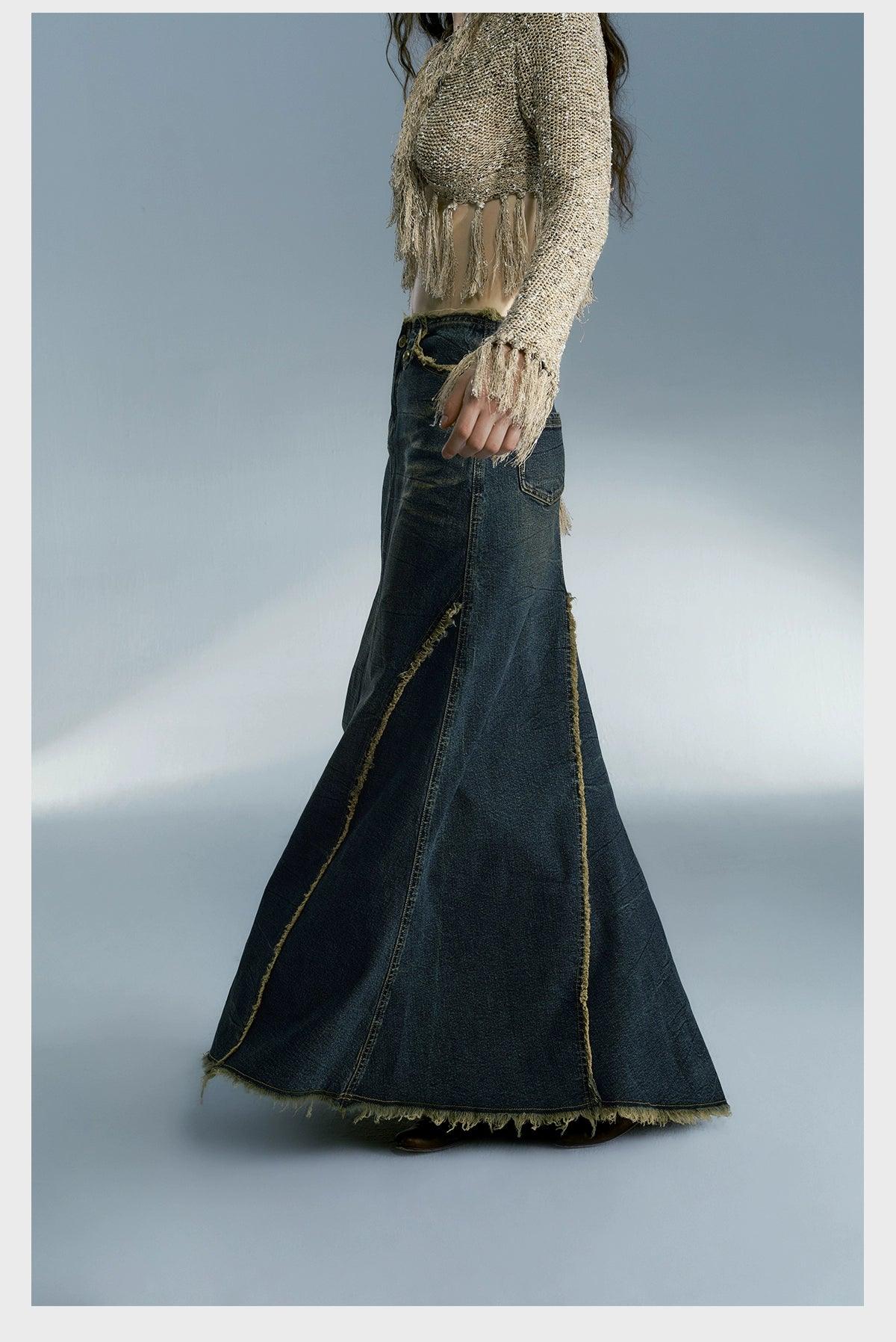 Strike A Pose Women'S Vintage Wash Denim Maxi Skirt - High-Waisted A-Line Jean Skirt With Frayed Seams And Front Slit