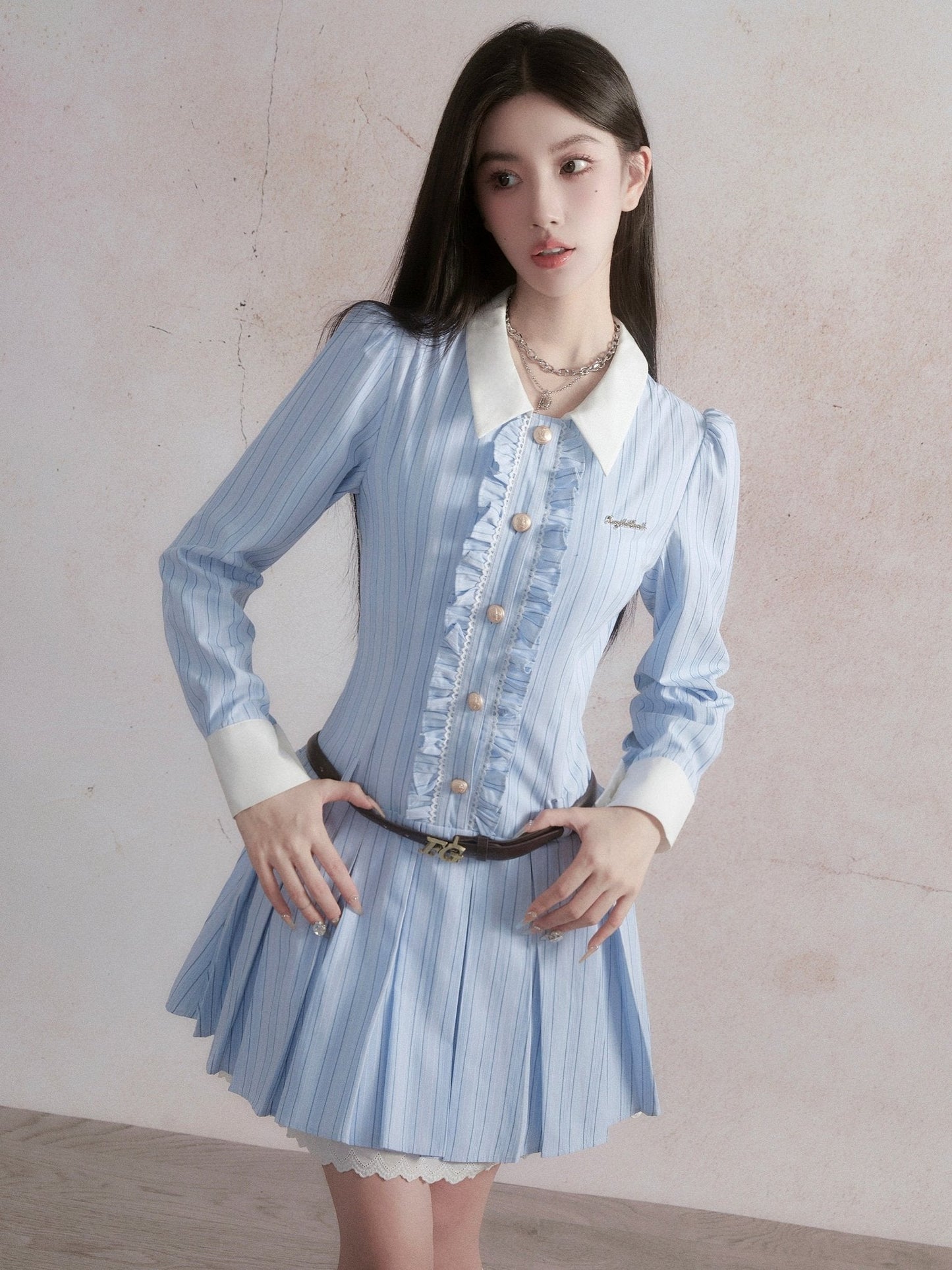 Powder Blue Chiffon Pleated Ruffle Dress