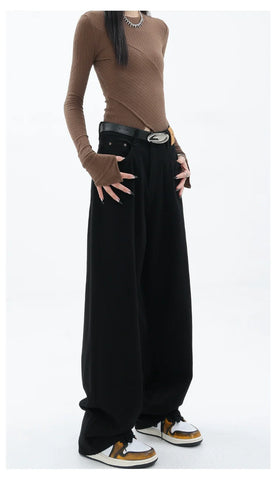 Blue Retro Loose Straight-Leg High-Waist Floor-Length Jeans