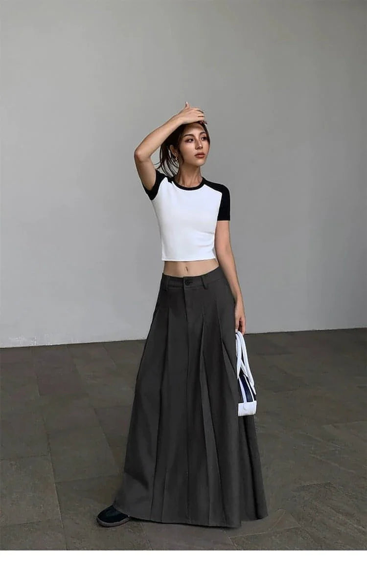 Summer Black High-Waisted Pleated Midi Skirt