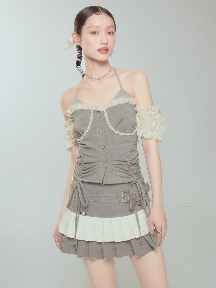 Pleated Cake Skirt With Halter Neck Suspender Top