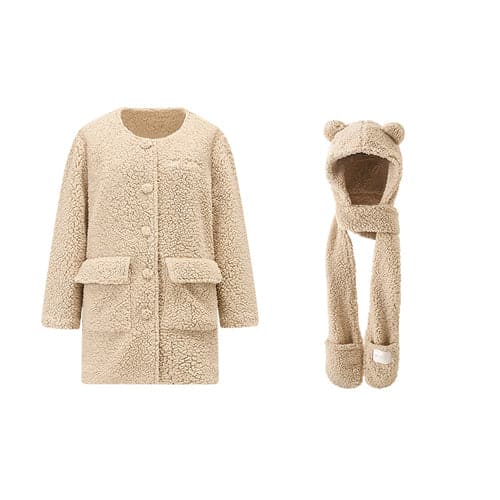 1Jinn Classic Regular Pajamas Set With Straight Cut Home Suit, Plush Jacket And Teddy Bear Ear Hat