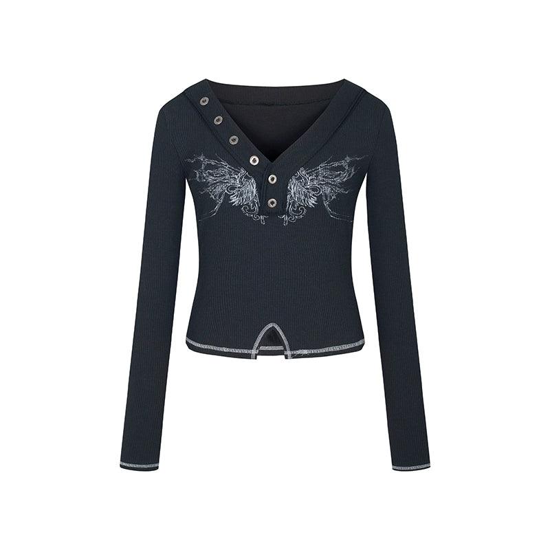 Strike A Pose Women'S Butterfly Embroidered Henley Top - Long Sleeve V-Neck Fitted Crop Tee