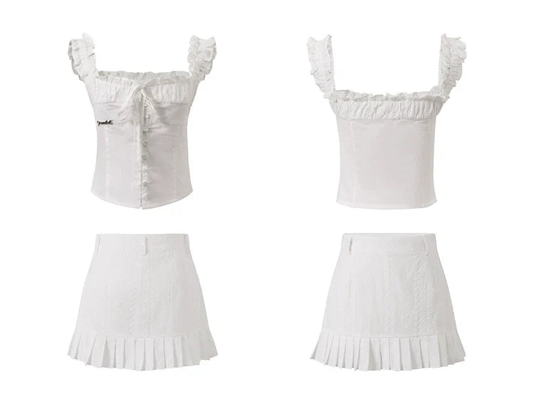 White Adjustable Drawstring Camisole Top And A-Line Skirt Set