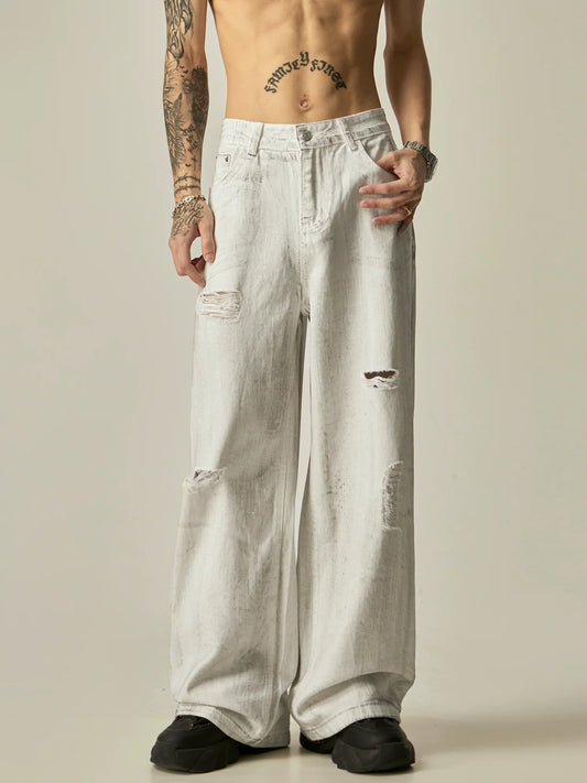 Distressed White Wide-Leg Denim Jeans