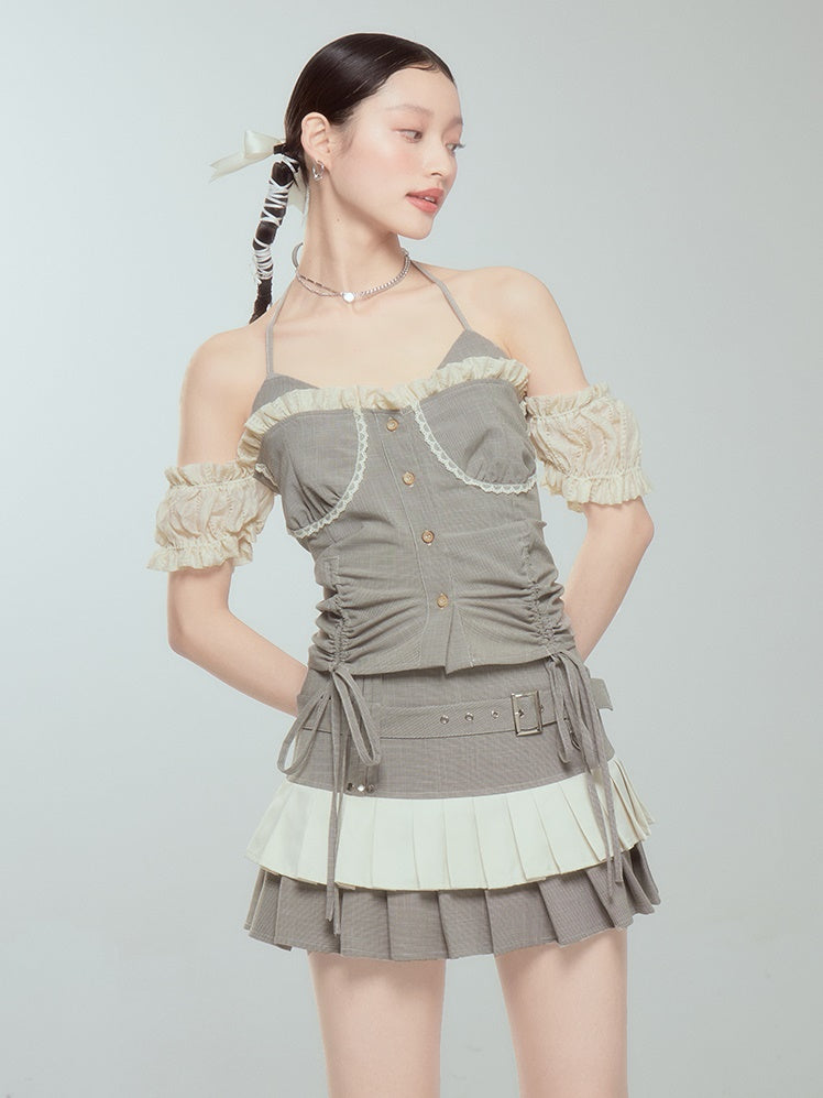 Pleated Cake Skirt With Halter Neck Suspender Top