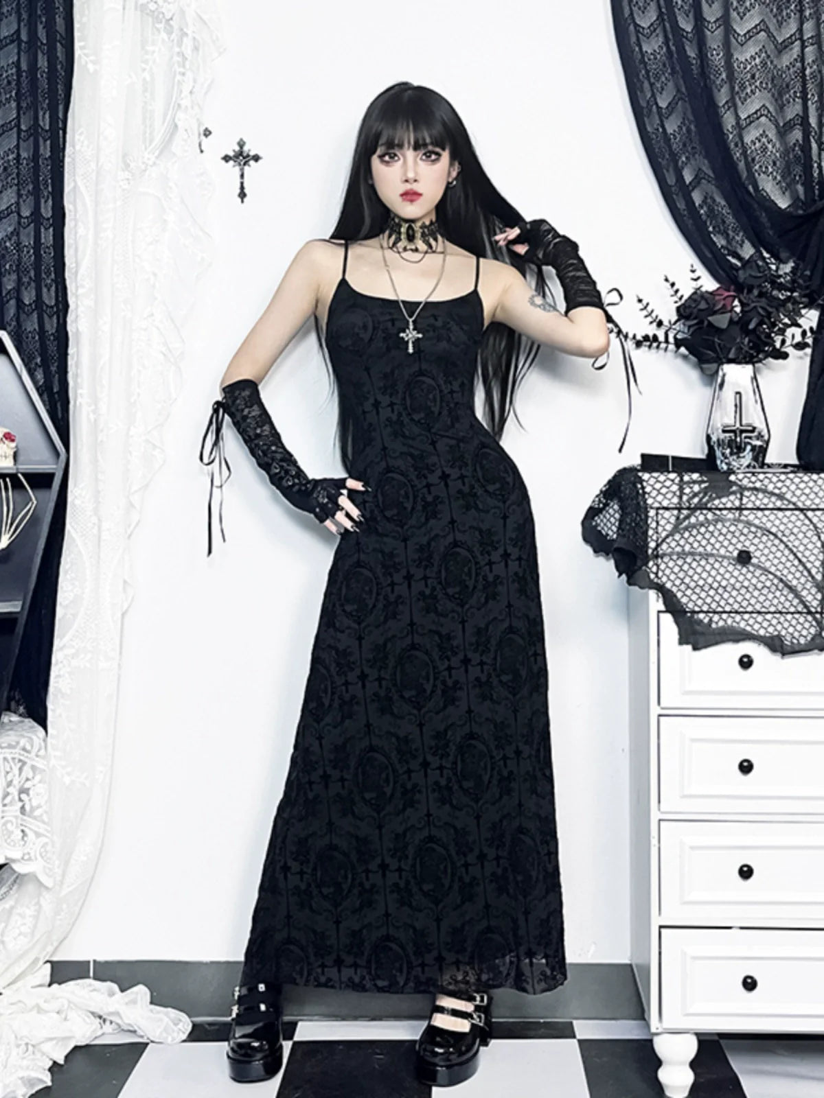 Wannathis Gothic Velvet Maxi Dress - Black Spaghetti Strap Burnout Gown With Lace-Up Arm Warmers