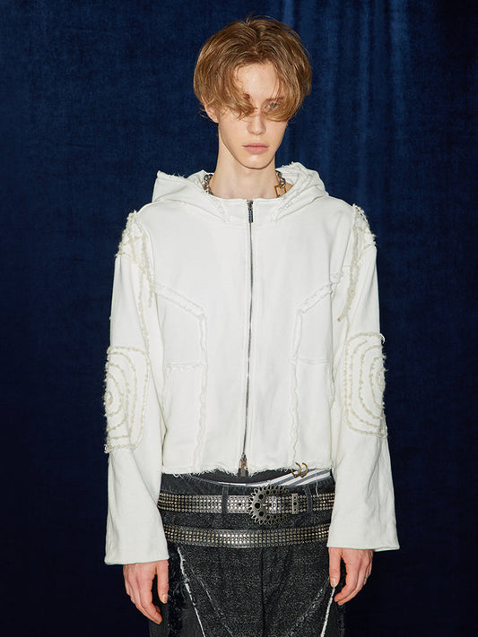 Distressed Ivory Cropped Zip-Up Textured Hoodie