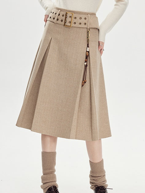 Beige Pleated Midi Skirt With Wide Belt - Wool Blend A-Line Winter Skirt