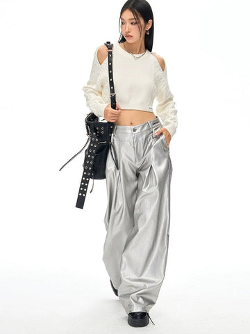 Pu Leather Loose Wide-Leg Casual Pants