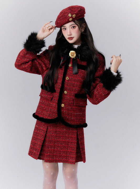 Luxe Burgundy Tweed Set: Fur-Trimmed Blazer and Pleated Mini Skirt