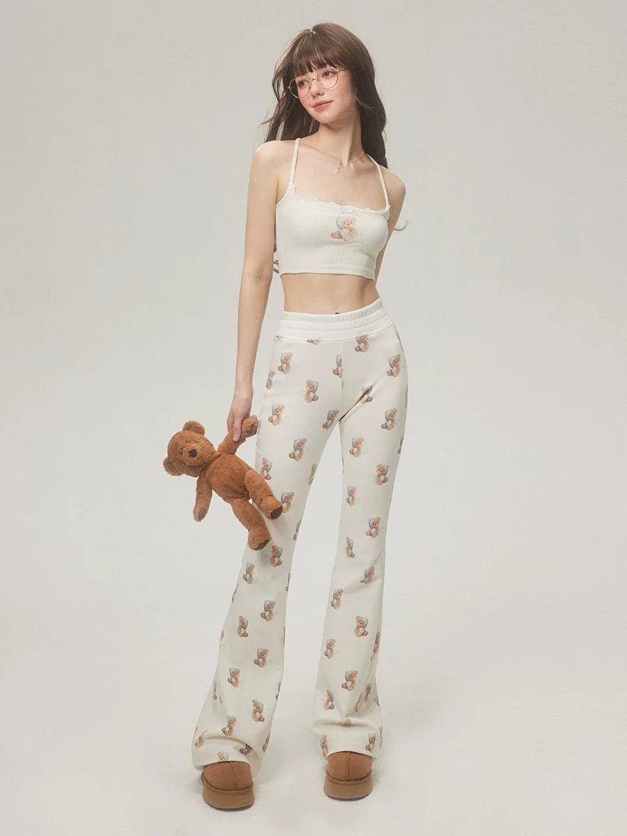 Trendy Bear Print Casual Pants With Subtle Flare Leg