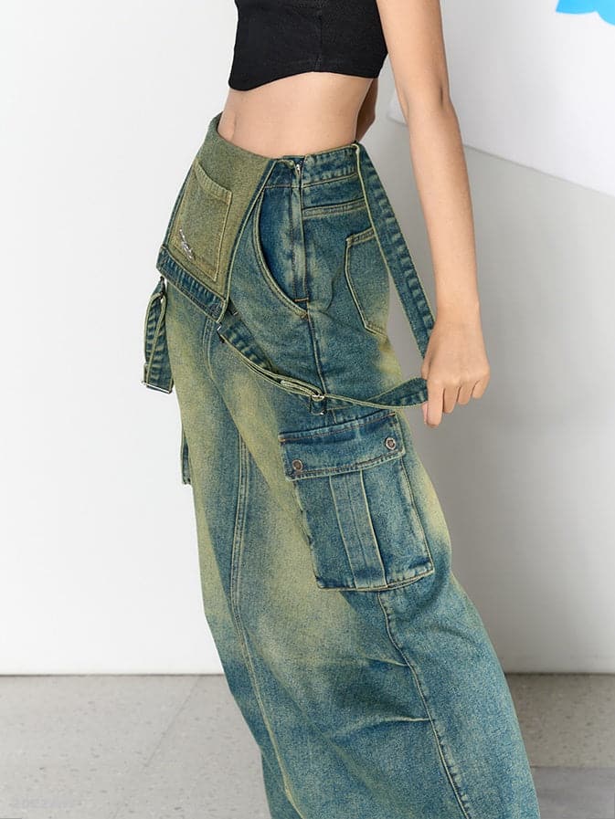 Washed Denim Tooling Suspenders Skirt