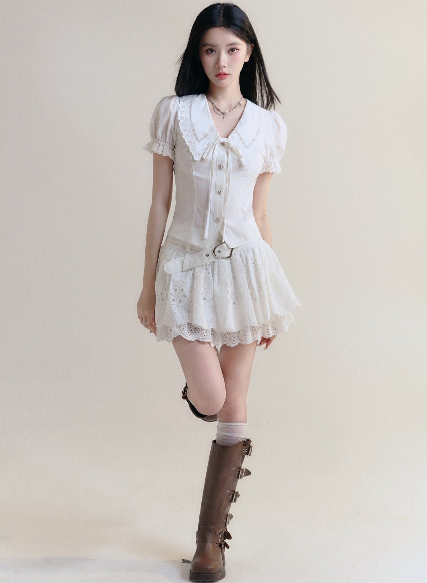 White Lace Collar Blouse and Eyelet Skirt Set