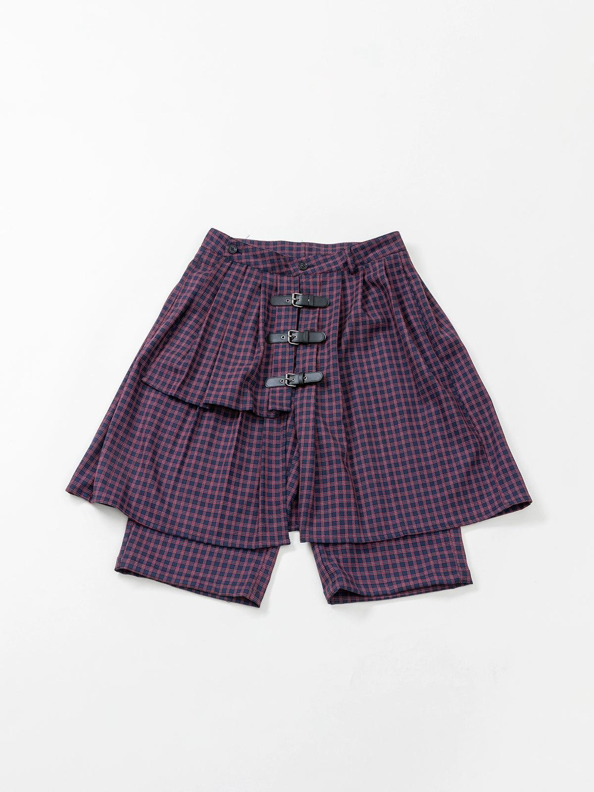 Plaid Buckle-Front Layered Unisex Skort