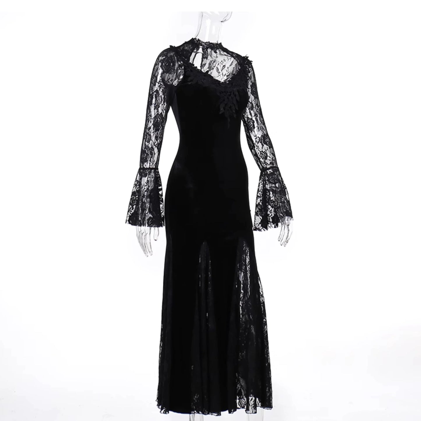 Wannathis Gothic Velvet Mermaid Gown - Long Sleeve Lace Floor-Length Dress With High Collar