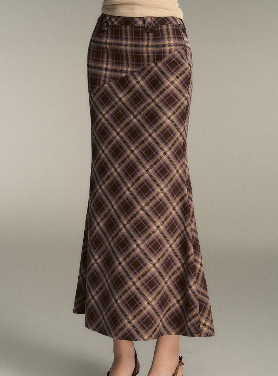 Retro Brown Check Long Mermaid Skirt