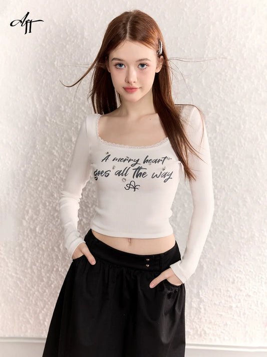 Diamond Letter Lace White Long Sleeve T-Shirt