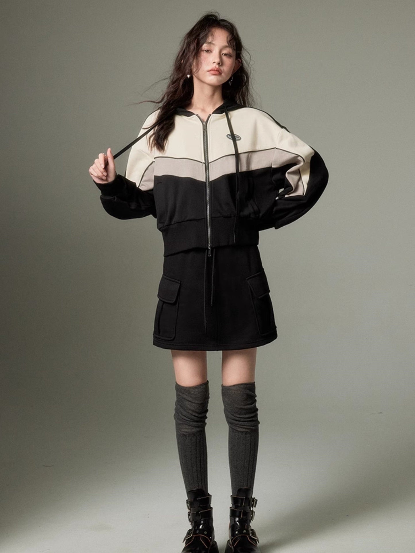 Sporty Zip-Up Hoodie & Flared Skirt