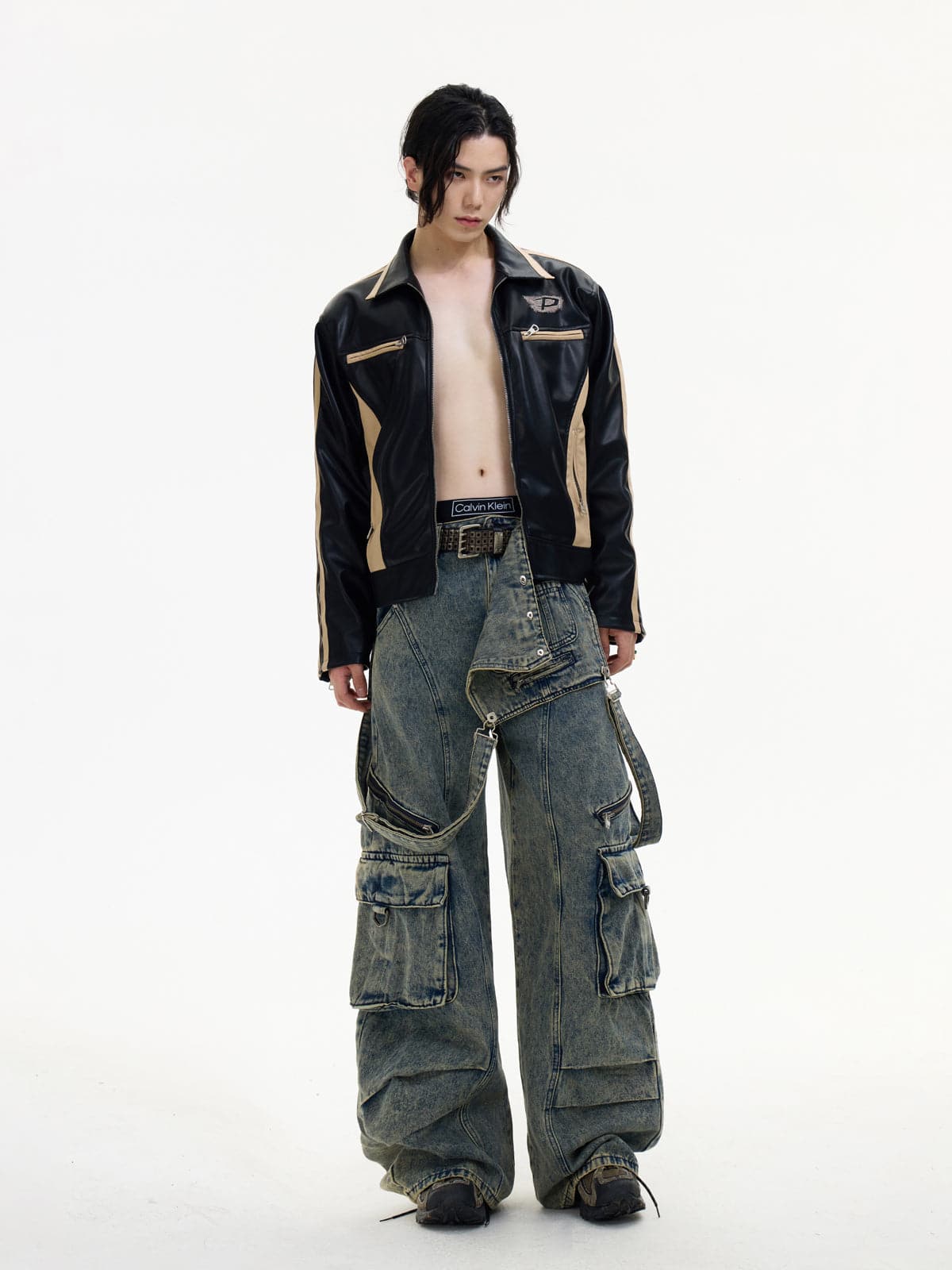 Detachable Suspender Washed Multi-Pocket Cargo Jeans