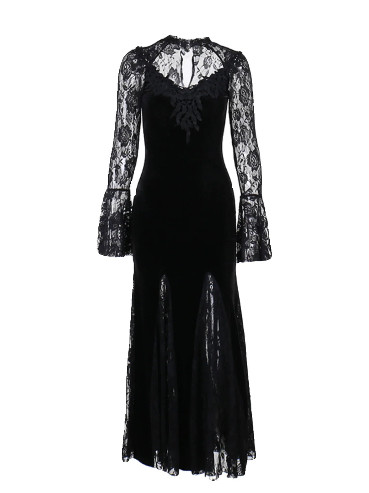 Wannathis Gothic Velvet Mermaid Gown - Long Sleeve Lace Floor-Length Dress With High Collar