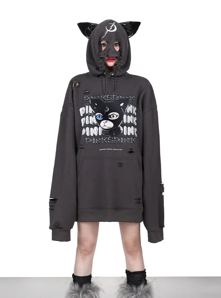 PINKSPINK Punk Cat Masked Hoodie - Dark Grey