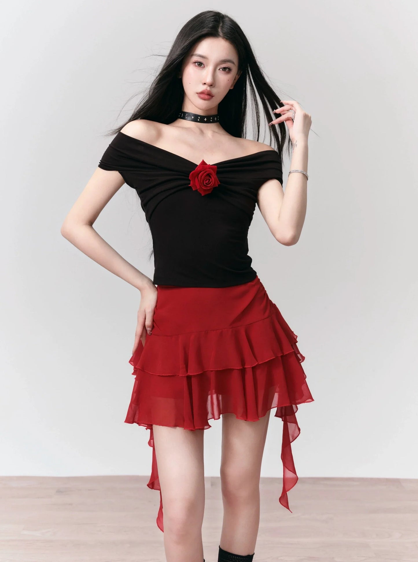 Flamenco-Inspired Dance Set: Off-Shoulder Rose Top and Ruffled Mini Skirt