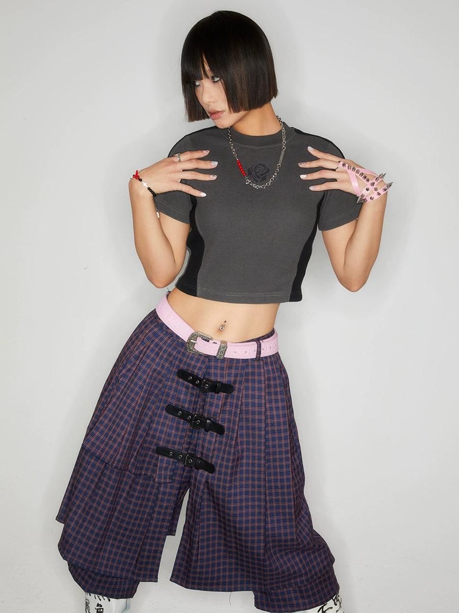 Plaid Buckle-Front Layered Unisex Skort