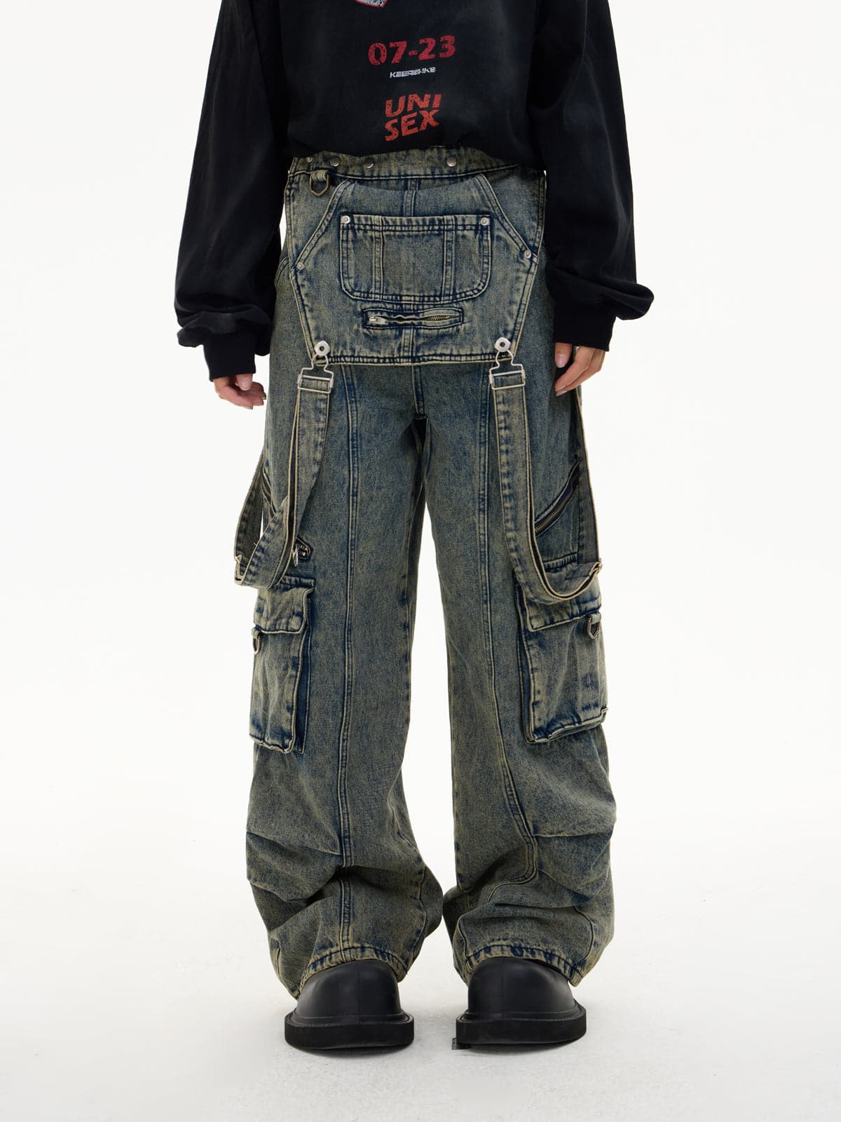 Detachable Suspender Washed Multi-Pocket Cargo Jeans