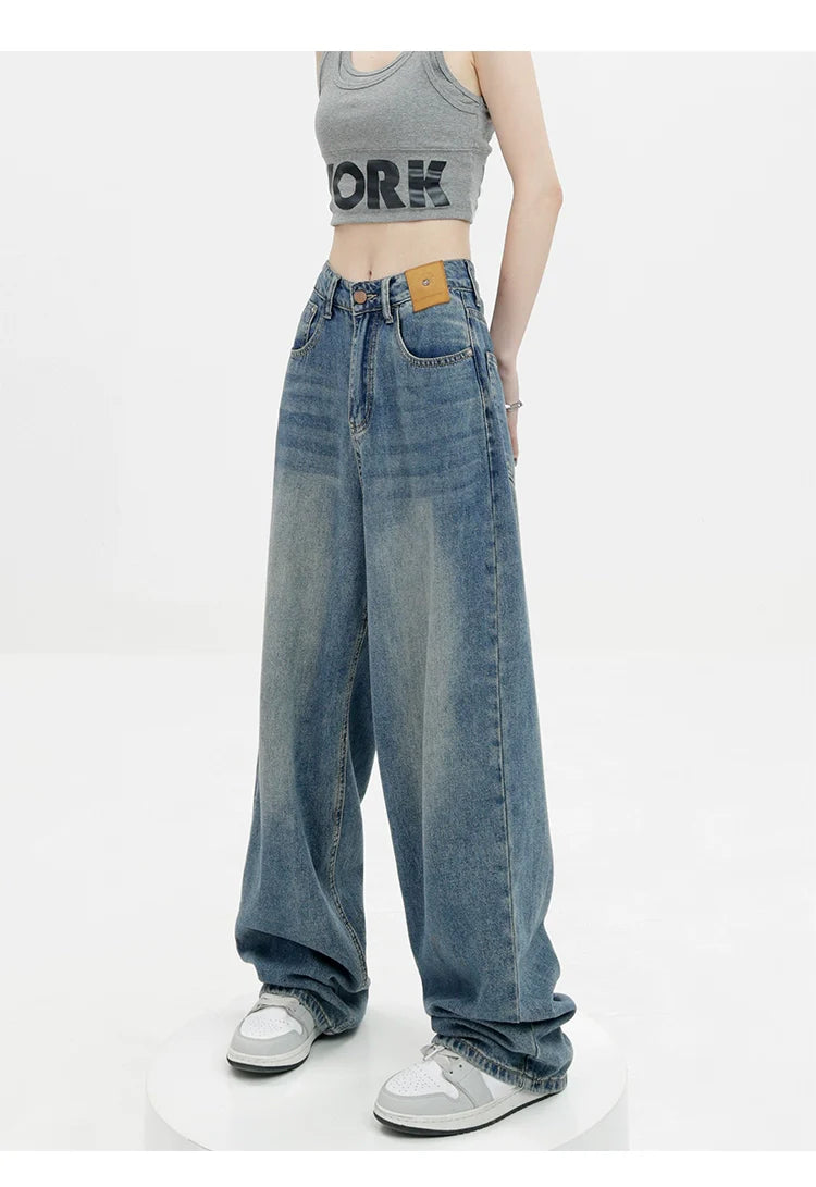 Blue Retro Loose Straight-Leg High-Waist Floor-Length Jeans