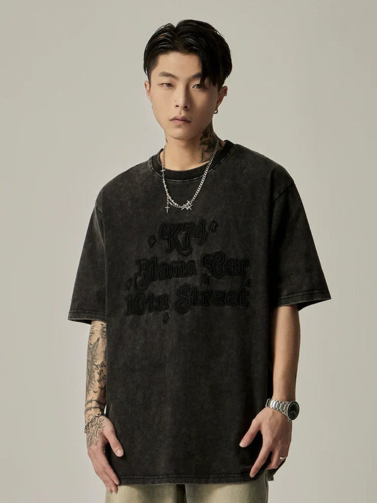 Embossed Text Vintage Wash Oversized Tee