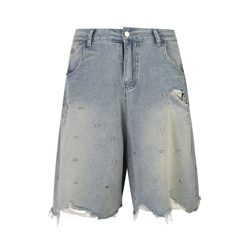 Rayohopp Distressed Denim Bermuda Shorts - Faded Gray Wash With Rhinestone Embellishments And Raw Hem