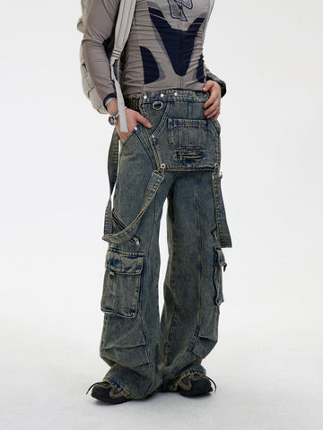 Detachable Suspender Washed Multi-Pocket Cargo Jeans