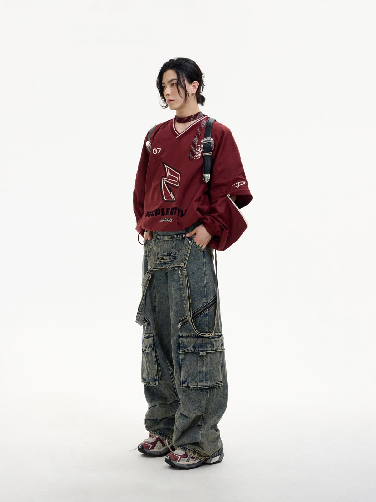 Detachable Suspender Washed Multi-Pocket Cargo Jeans