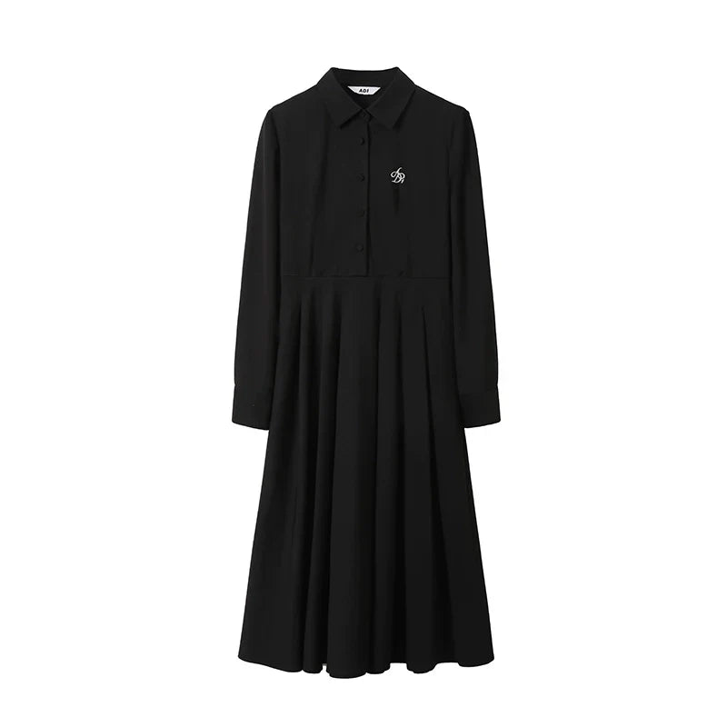 Classic Shirt Dress: Elegant Long-Sleeve Midi with Pleated Skirt