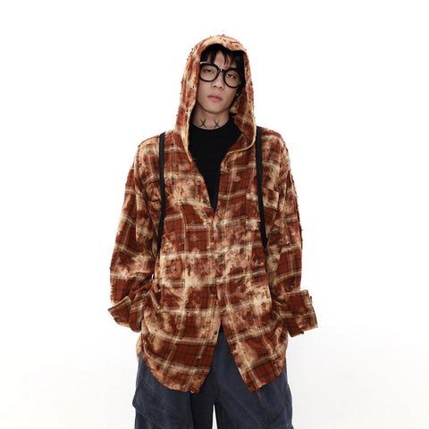 Mrnearly Distressed Plaid Hooded Overshirt - Unisex Grunge-Inspired Outerwear