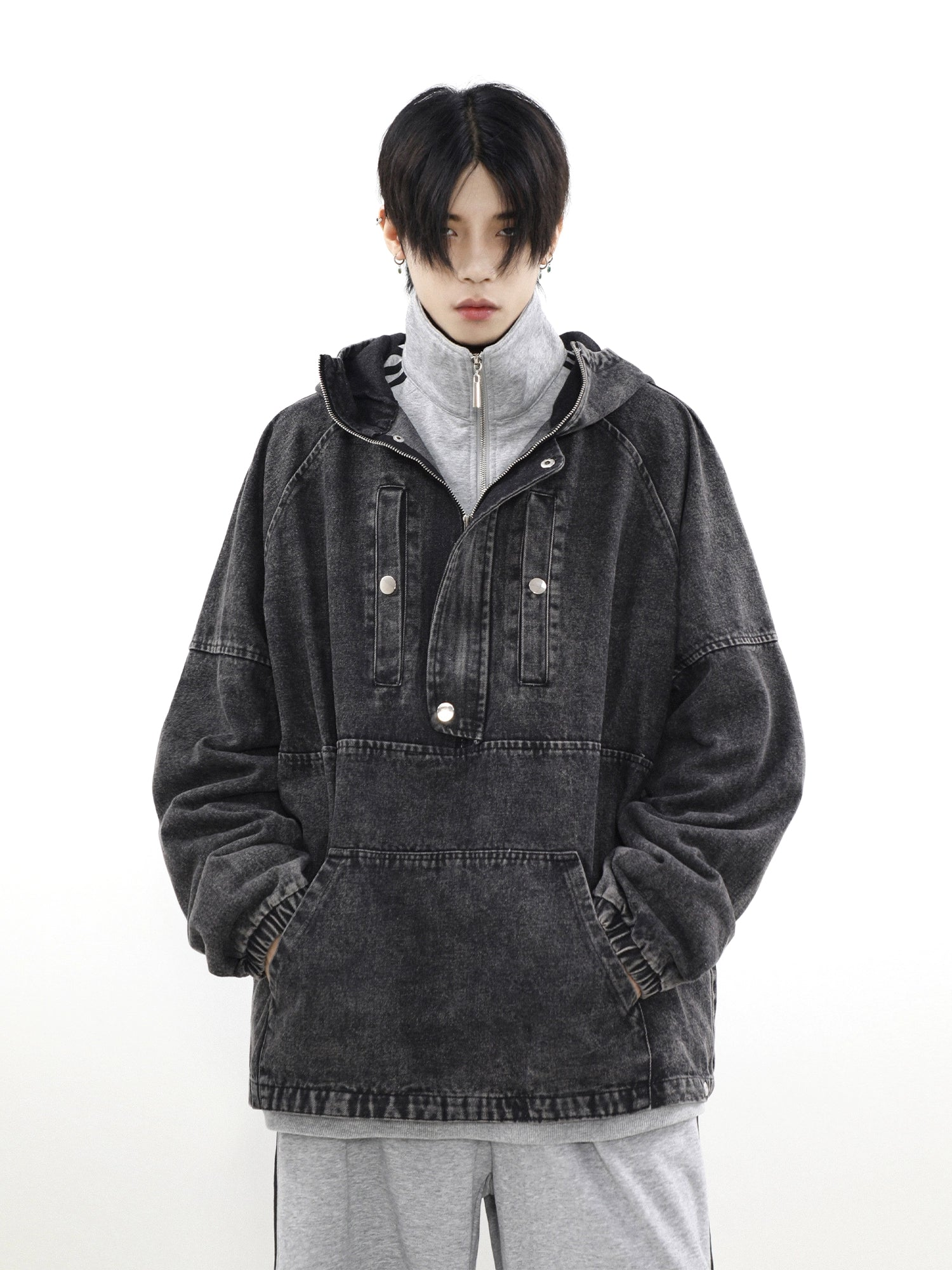 Zip-Front Denim Oversize Hoodie