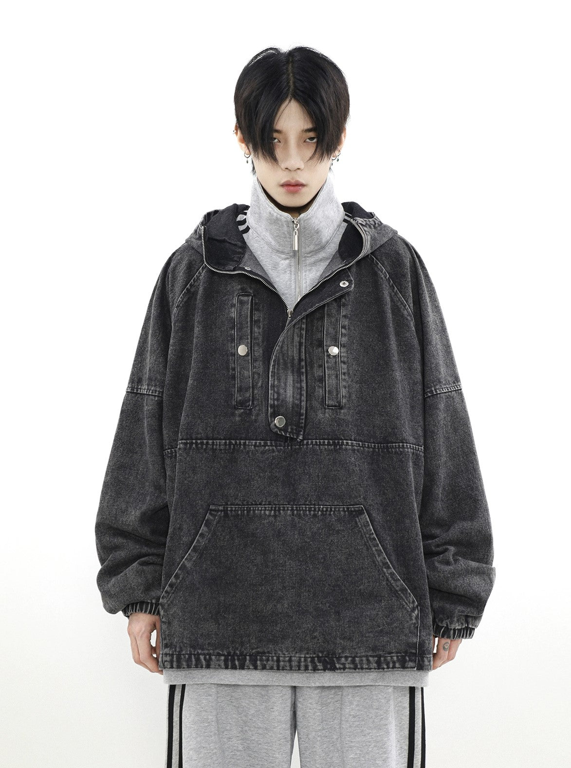 Zip-Front Denim Oversize Hoodie