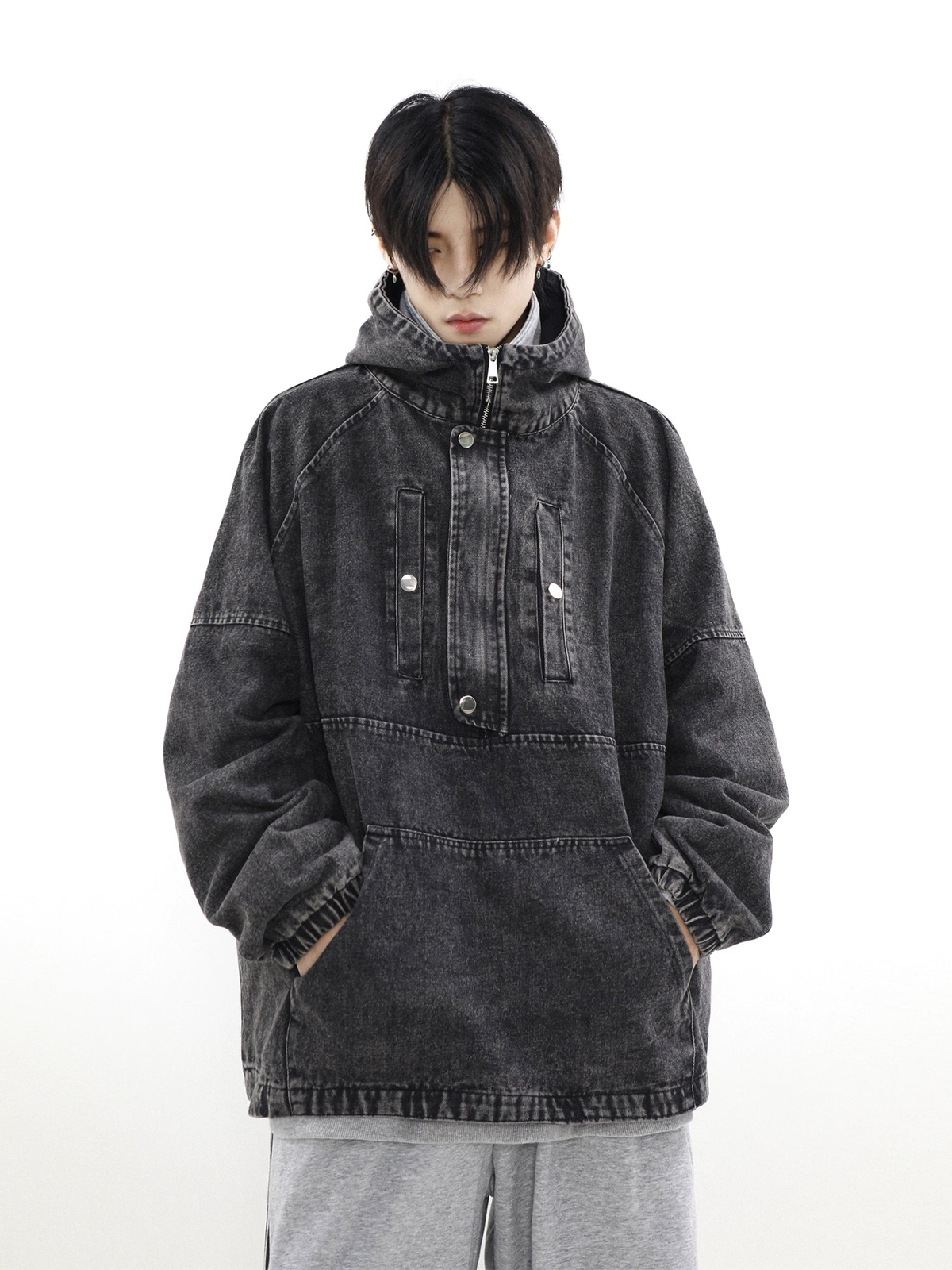 Zip-Front Denim Oversize Hoodie