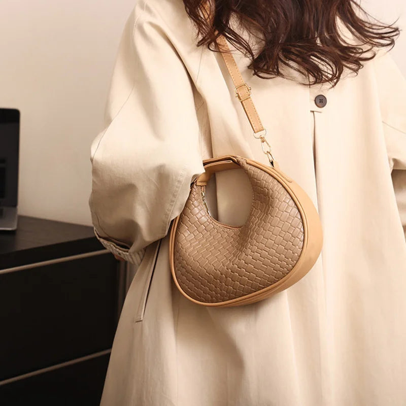 Solid Color PU Leather Lattice Crossbody Handbag