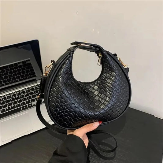 Solid Color PU Leather Lattice Crossbody Handbag